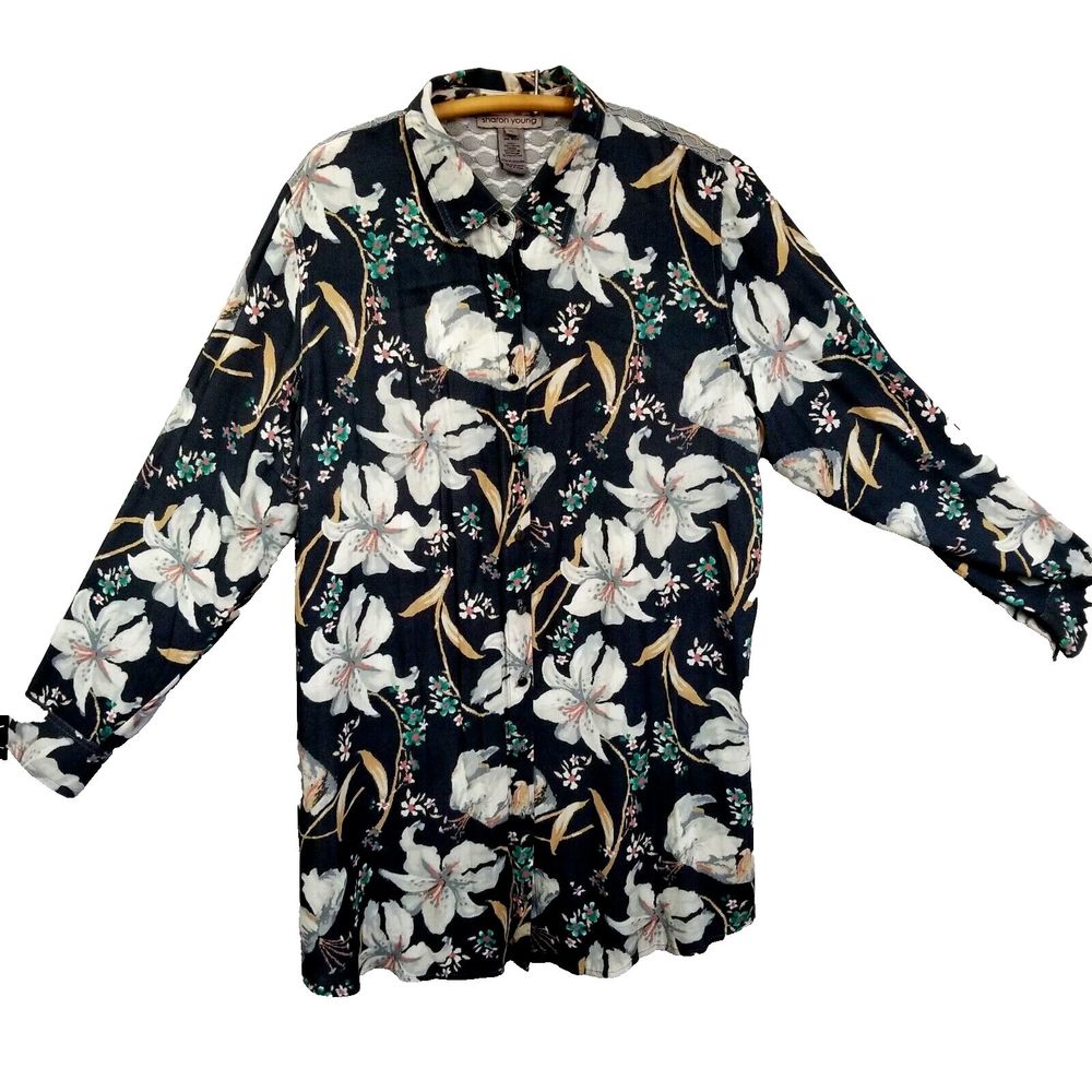 Sharon Young Womens  cuffed sleeve multi pattern blouse size XL Mixed Media